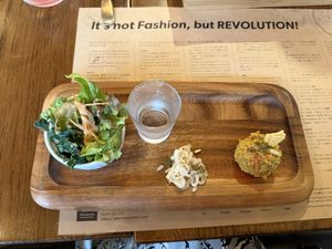 Salad and hummus portion of set meal  at Premarché Alternative Diner in Kyoto