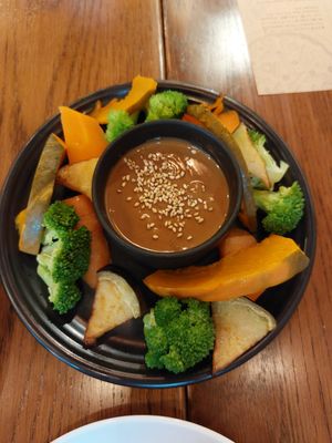 Steamed veggies with sesame dip at Premarché Alternative Diner in Kyoto