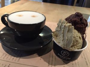 Soy cappuccino and 2 scoops at Premarché Alternative Diner in Kyoto