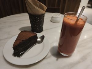 Vegan Chocolate Cake & Fresh Carrot, Beetroot, and Ginger juice at The Flock Cafe in Siem Reap
