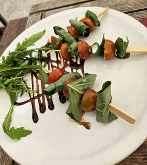 'Spiedini Vegani' (5.5€) - menu didn't state any cheese, but olives and "various tomatoes". when asked, it was confirmed that it is vegan cheese. I did not trust though. at Locanda in Wurzburg