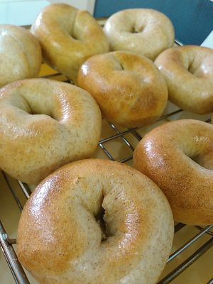 Bagel with whole wheat flour and handmade natural yeast
 ingredients>
Flour, wheat bran,handmade natural yeast (plum), brown sugar,natural sea salt at Demineiya in Osaka
