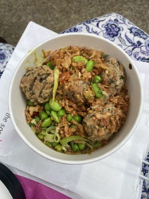 Katsu Curry Stir-Fry Style Udon Noodles (with added Veggie Meatballs)  at Itsu - Lansdowne House in London