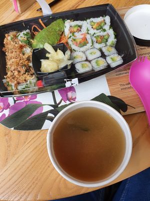 miso soup (which is ok but really lacking in ingredients - just tofu and seaweed) and sushi box at Itsu - The Strand in London