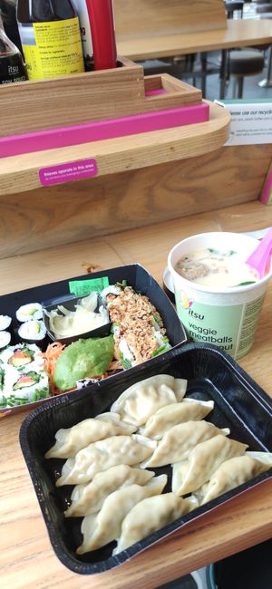 Vegan options at Itsu (sushi, gyoza & coconut soup with veggie meatballs) at Itsu - The Strand in London