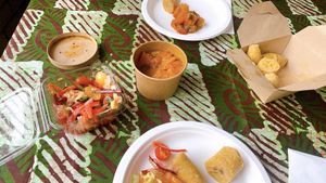 plantain + pumpkin curry + salad  at All Nations Vegan House in North London