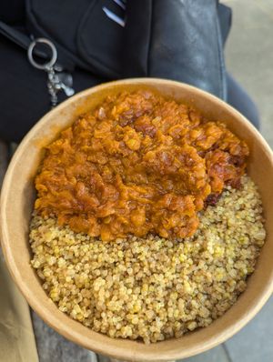 Red Lentil stew with herb quinoa at All Nations Vegan House in North London