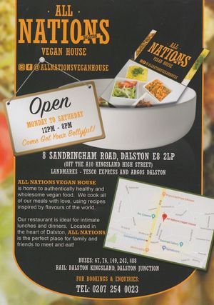Flyer reverse at All Nations Vegan House in North London