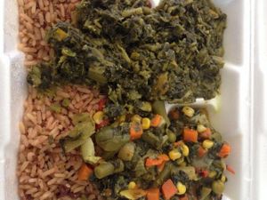 spinach, brown rice and steamed veggies at Vegetarian Paradise in Decatur