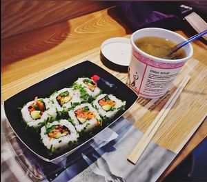 Miso soup and veggie club rolls at Itsu - 163 Victoria St in South West London