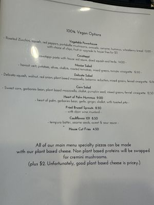 Vegan menu  at Food 101 in Gettysburg