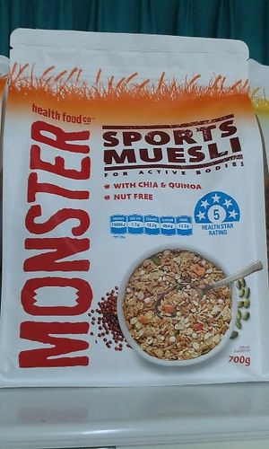 health food co TM
MONSTER
Sport Muesli
For Active Bodies
Netto 700gr

* Nut Free
* With Chia & Quinoa

Product dari Australia

With 8 Grains & Seeds :
Rolled oat
Triticale
Barley
Sirup
Kulit gandum
Gandum
Serpihan Lupin
Quinoa
Kulit oat
Pepaya kering
Lin seeds
Beras Panggang
Biji Labu
Buckwheat
Biji Bunga Matahari

Nikmati Monster Sport Muesli dengan siraman susu ataupun yogurt. Tambahkan madu dan potongan buah-buahan yang anda suka.
 at Vegetarian Vegan Frozen Dry in Denpasar