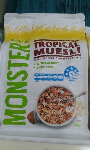health food co TM
MONSTER
Tropical Muesli
mangga dan macadamia
Netto 700gr

* with Coconut
* dairy free and suitable for vegetarians

Sereal Sarapan dengan Buah Tropis
Product dari Australia

Dengan 6 buah-buahan dan kacang-kacangan:
Rolled oat
Buckwheat
Wheat bran
Mangga
Rolled wheat
Sultanas
Pepaya
Kelapa
Pisang
Biji Labu
Kacang Makadamia
Biji Bunga Matahari

Nikmati Monster Tropical Muesli dengan siraman susu ataupun yogurt. Tambahkan madu dan potongan buah-buahan yang anda suka. at Vegetarian Vegan Frozen Dry in Denpasar