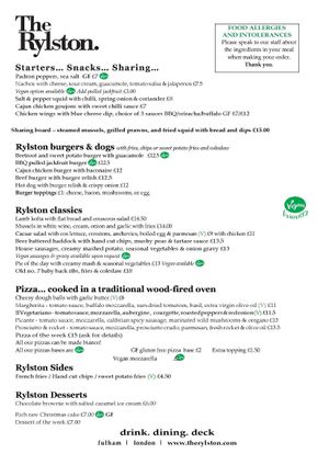 full menu at The Rylston in South West London