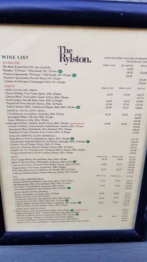 Wine list at The Rylston in South West London
