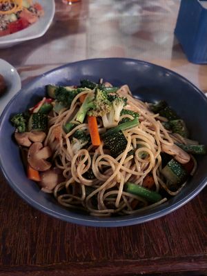 Pasta with veg at Banana's Adventure Hostel in Huacachina