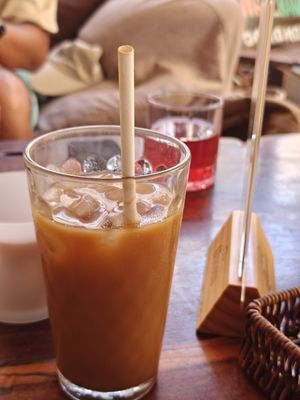 Iced coffee with soy milk (very bad, do NOT order!) at Banana's Adventure Hostel in Huacachina