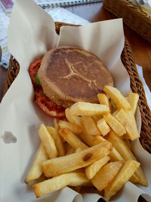 Vegan Sandwich with fries at Banana's Adventure Hostel in Huacachina