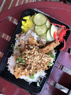Tofu rice bowl at Dumplings of Fury in Seattle