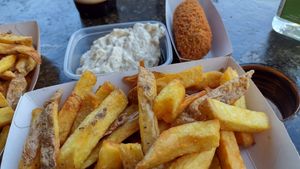Fries, vegan mayo, vegan croquette (groentekroket) at Karels Bio Friet in Leiden