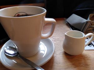 Decaf tea and milk (January 2024) at Sophie's in Aberystwyth