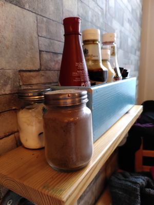 Condiments provided for all tables (January 2024) at Sophie's in Aberystwyth