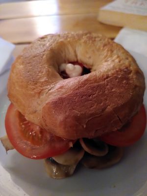 Mushroom and tomato bagel (September 2025) at Sophie's in Aberystwyth