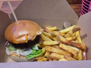 Burger with fries at Le Pub in Newport