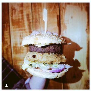 The beast with one soy beef patty and one jackfruit chicken patty  at Le Pub in Newport