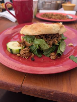 Vegan veggie burger (no mayo), for TVP / tofu crumble on the side and added it. at The Stove in Dumfries
