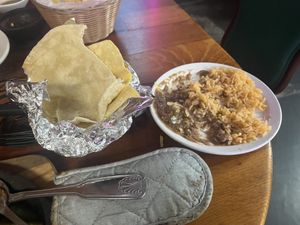 Beans with vegan cheese, rice, flour and corn tortillas.   at Cocina Michoacana in Oakdale