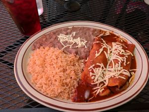 Veggie enchiladas with rice and beans was delicious and it was vegan.   at Cocina Michoacana in Oakdale