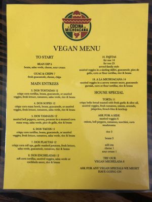 Vegan menu!   at Cocina Michoacana in Oakdale