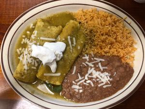 Vegan enchiladas with green sauce at Cocina Michoacana in Oakdale