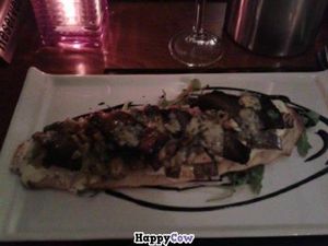 Roasted aubergine, wild mushroom and tarragon, mascarpone flatbread topped with roquefort at The King William IV in Royston