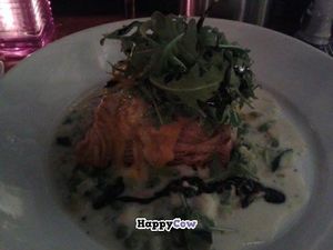 A Puff pastry pillow filled with Haloumi, garden peas and broccoli bound in a white wine veloute at The King William IV in Royston