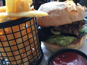 Vegan burger and chippies :-D at Red Bean Coffee Roasters in Preston