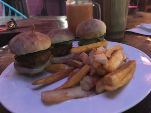 Mini Veggie burgers (be sure to ask for no tzatziki) & they have a good in-house spice sauce  at La Buguita in Bocas Del Toro