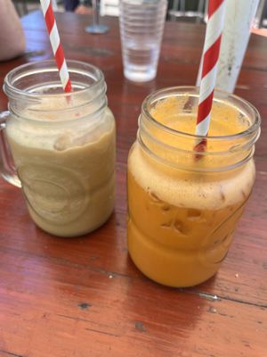 Oat milk coffee frappe and cleanser juice; we already drank some;)  at The Bean Tree Cafe in Alice Springs