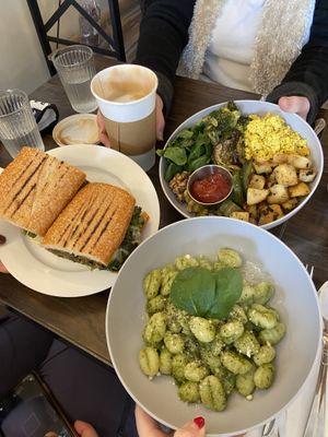 Chorizo Panino (with their homemade sausage), tofu scramble bowl & almond pesto gnocci at Fermento in Long Beach