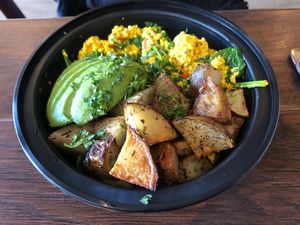 Potatoes, crumbled tofu & avocado at Fermento in Long Beach