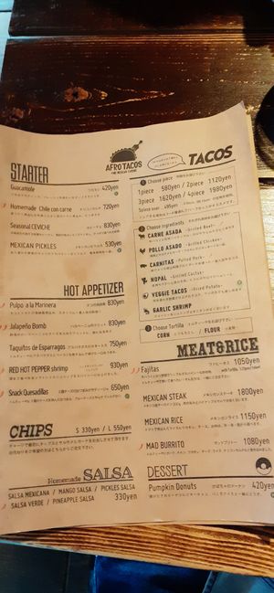 Menu at Afro Tacos in Yokohama