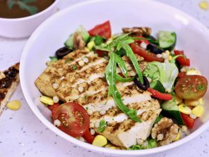Herb crusted bean curd and millet salad at Vegan Heat in Bangalore