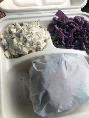 Potato Salad, Cabbage, Bacon Swizz Burger.     PS was actually pretty great I’m not an onion fan but I didn’t even mind. I’ve never had this Cabbage but I definitely will get at The Reizod Vegan Experience in Columbia