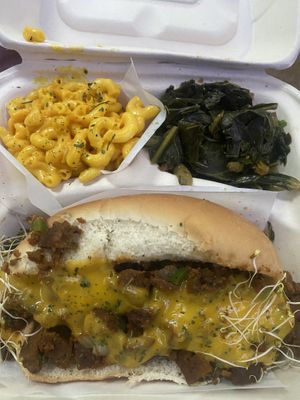 Vegan mac & cheese, collard greens and the philly cheese steak  at The Reizod Vegan Experience in Columbia