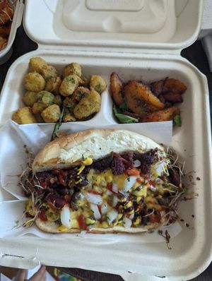 Chili dog with plantains and fried okra at The Reizod Vegan Experience in Columbia