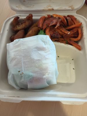 Burger, sweet potato fries, plantains. at The Reizod Vegan Experience in Columbia