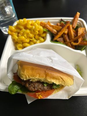 Burger, with sweet potato fries and mac&cheese sides. at The Reizod Vegan Experience in Columbia