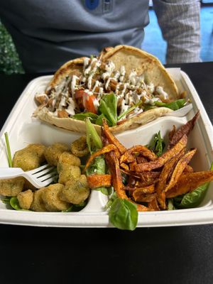 gyro with sweet potato and okra sides at The Reizod Vegan Experience in Columbia