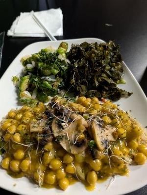 Chickpea Masala over quinoa with collard greens and delicious brussel sprouts. at The Reizod Vegan Experience in Columbia